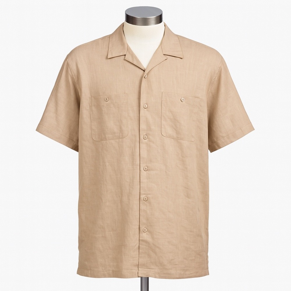 Visitor Mens XXL Shirt Beige‎ Linen Short Sleeve Button Front Camp Casual